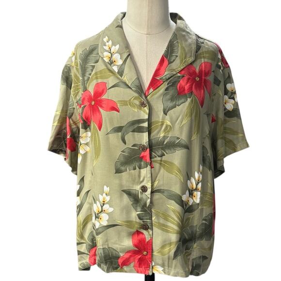 Caribbean Joe Green Tropical print Boxy Button Down Shirt Size PETITE XL - Picture 1 of 8